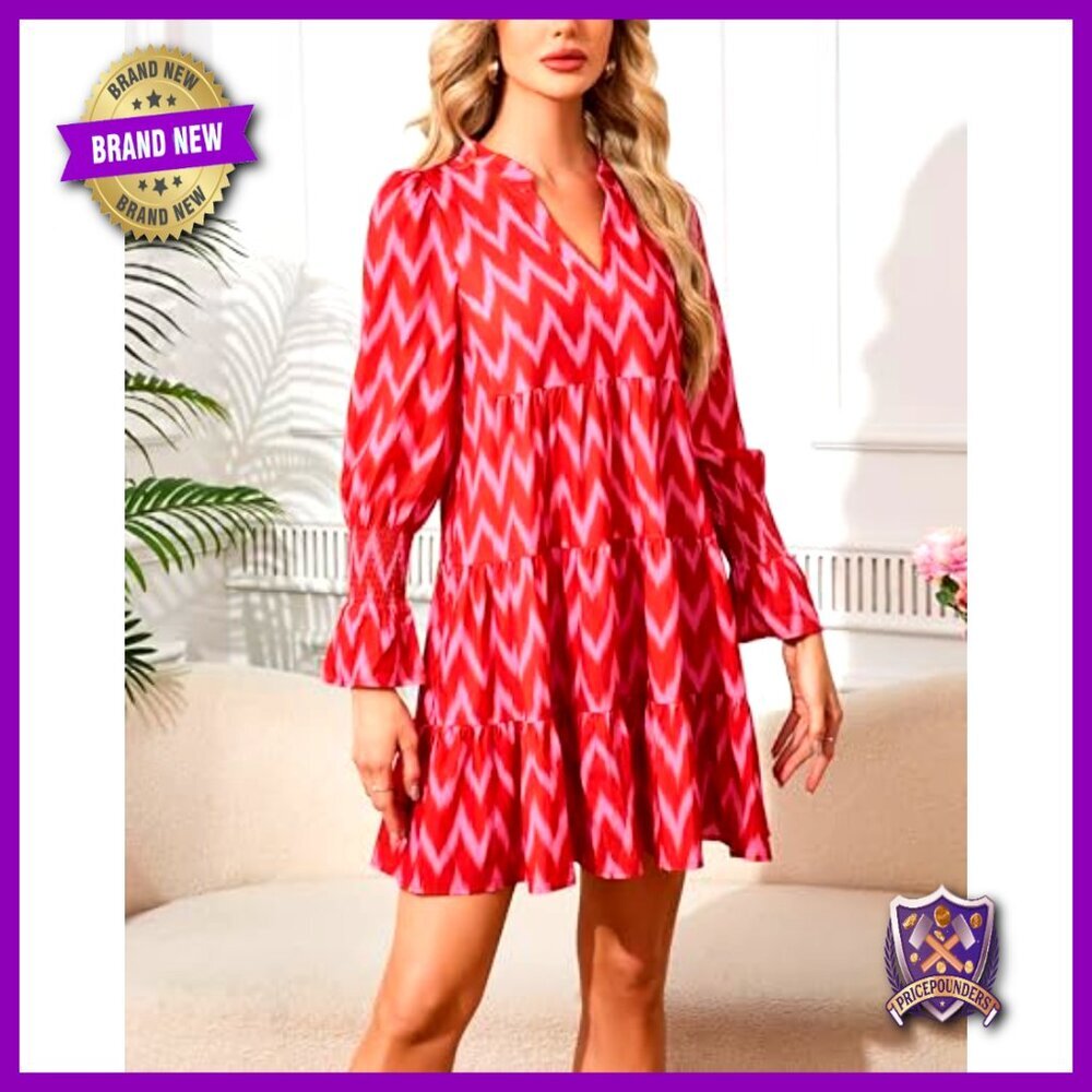 Printed Mini Dress Long Sleeve V Neck Tiered Flowy Swing Summer Vacation Beach - Picture 3 of 7